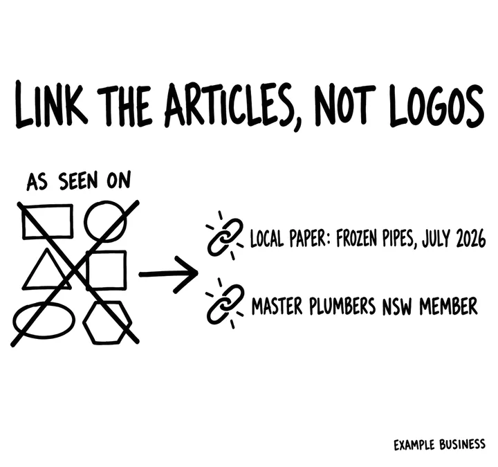 An as seen on logo wall crossed out, with an arrow to two linked mentions: the local paper on frozen pipes in July 2026, and Master Plumbers NSW membership.