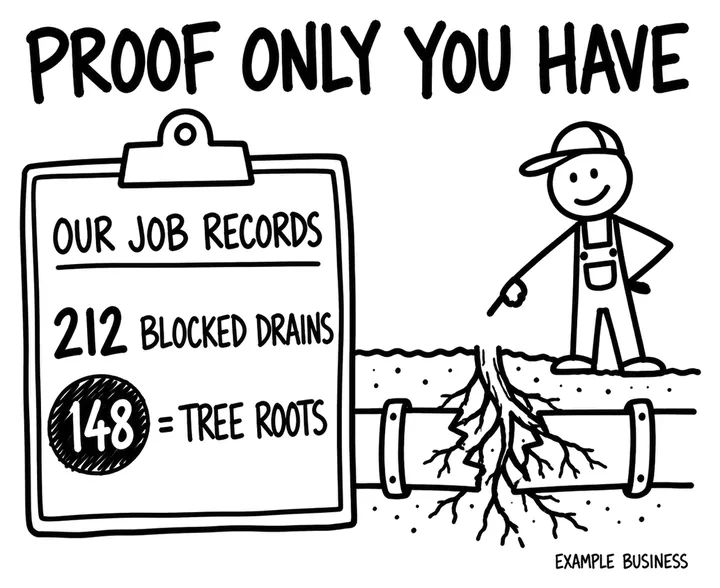 Sketch headed Proof only you have: a clipboard of job records showing 212 blocked drains, 148 caused by tree roots, beside a plumber pointing at roots inside a pipe.
