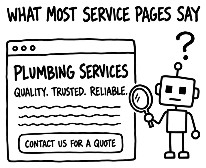 Sketch of a typical service page: Plumbing Services, quality, trusted, reliable, and a Contact us for a quote button, with a puzzled robot beside it.